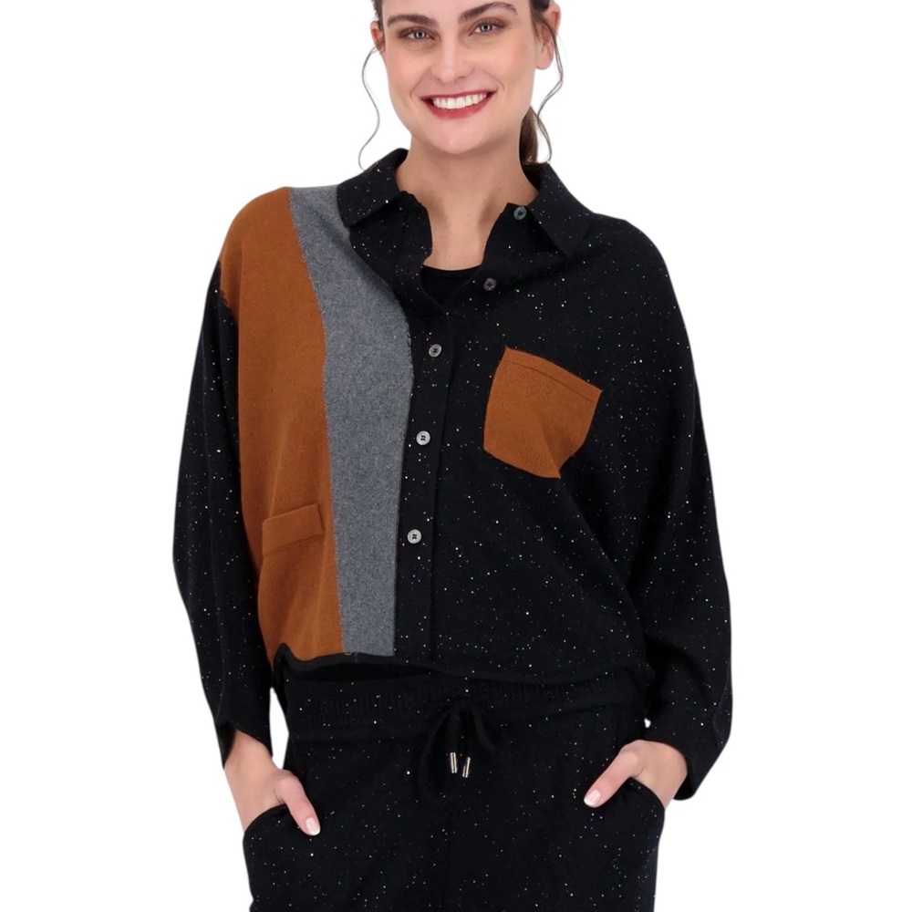 Gabby Isabella Colorblock Sparkle Collared Knit Oversized Cardigan - M